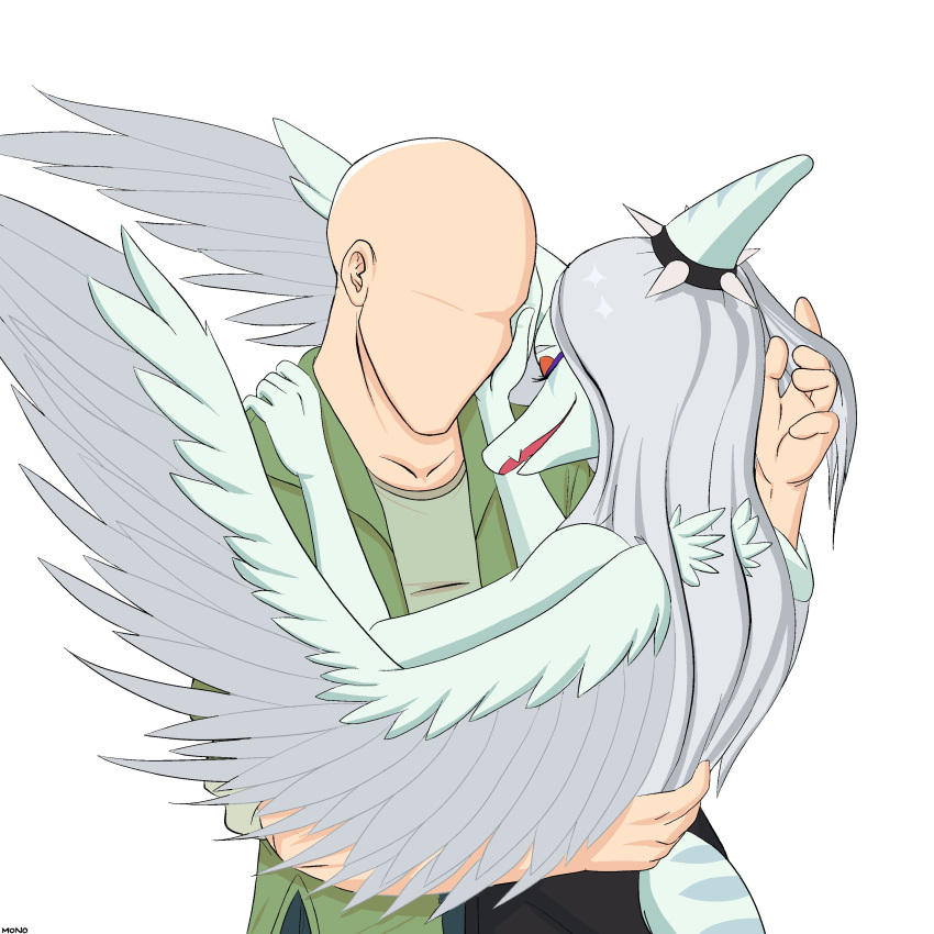 1:1 5_fingers absurd_res anon_(snoot_game) anthro bald clothed clothing colored duo embrace eyes_closed faceless_character faceless_human faceless_male fang_(gvh) feathered_wings feathers female fingers goodbye_volcano_high grey_body grey_feathers hair hand_in_hair hand_on_back hand_on_face hand_on_shoulder hi_res human human_on_anthro interspecies makeup male male/female mammal protonmono pterodactylus pterosaur reptile scalie silver_hair simple_background smile snoot_game snout tail touching_hair wings