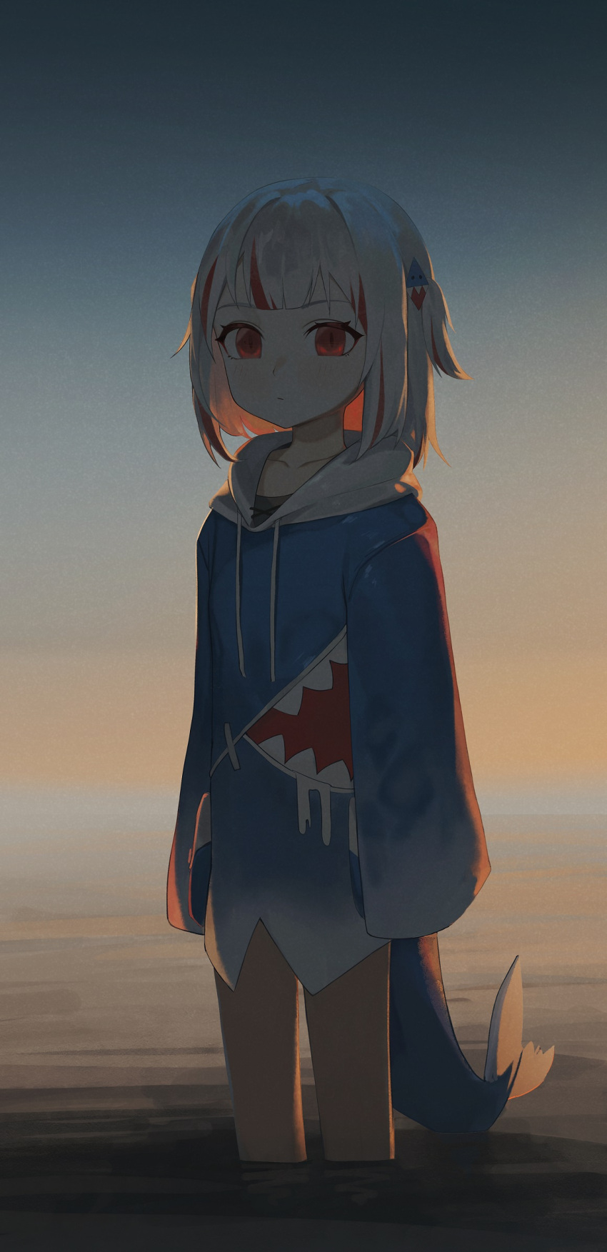 1girl blue_hoodie closed_mouth collarbone commentary darkzmonsty drawstring english_commentary fins fish_tail gawr_gura grey_hair hair_ornament highres hololive hololive_english hood hood_down hoodie horizon long_sleeves looking_at_viewer multicolored_hair ocean red_eyes red_hair shark_tail sleeves_past_fingers sleeves_past_wrists solo standing streaked_hair tail two_side_up wading water