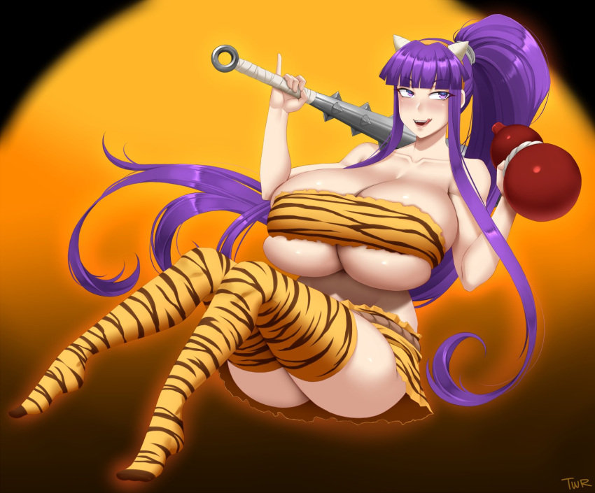 1girl animal_print blunt_bangs blush bottle breasts cleavage club_(weapon) commission eiken gigantic_breasts halloween halloween_costume headband highres horns kanabou licking_lips long_hair miniskirt misono_kirika no_panties oni_costume oni_horns open_mouth pinky_out ponytail purple_eyes purple_hair rope_belt sake_bottle shiny_skin sidelocks simple_background skindentation skirt strapless thighhighs tiger_print tongue tongue_out tube_top twrlare underboob very_long_hair weapon