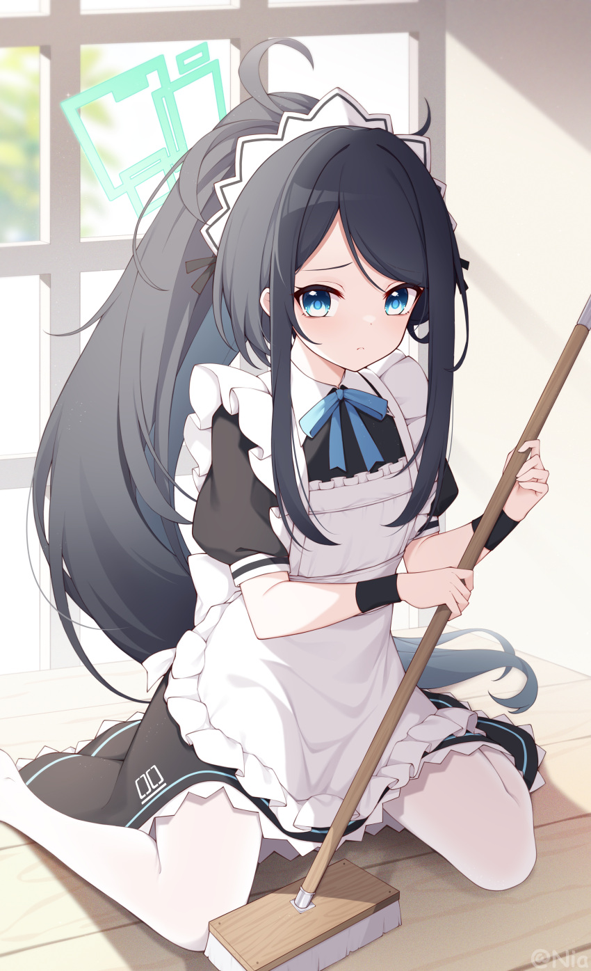 1girl absurdres ahoge aris_(blue_archive) aris_(maid)_(blue_archive) black_hair blue_archive blue_eyes blue_halo broom closed_mouth halo highres holding holding_broom indoors long_hair looking_at_viewer maid maid_headdress official_alternate_costume pantyhose poinia ponytail puffy_short_sleeves puffy_sleeves short_sleeves smile solo twitter_username white_pantyhose window