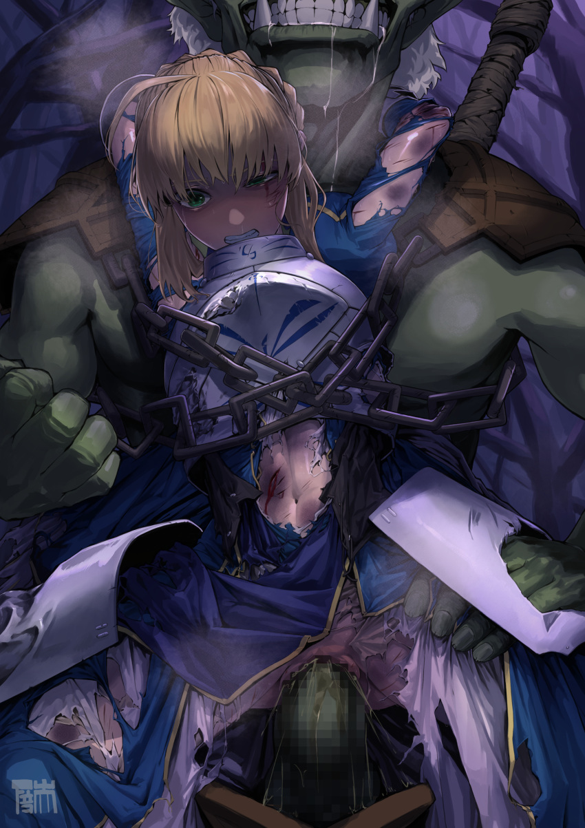 absurdres artoria_pendragon_(fate) blonde_hair censored chain clenched_teeth defeat fate_(series) goblin green_eyes highres injury monster rape ryona shitappa0120 teeth torn_clothes vaginal wince