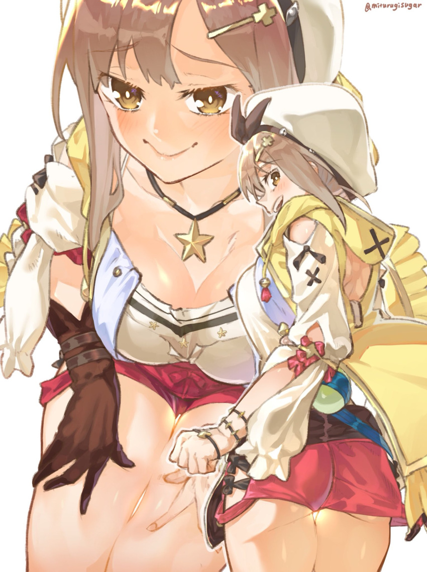 1girl ass atelier_(series) atelier_ryza atelier_ryza_1 back belt beret black_ribbon blush breasts brown_eyes brown_gloves brown_hair brown_thighhighs camisole cleavage closed_mouth collarbone flask gloves hair_ornament hairclip hat highres jewelry large_breasts long_sleeves looking_at_viewer looking_back mitsurugi_sugar multiple_views necklace open_clothes open_mouth open_vest red_shorts reisalin_stout ribbon round-bottom_flask short_hair short_shorts shorts single_glove smile star_(symbol) star_necklace thighhighs thighs vest white_camisole white_headwear yellow_vest