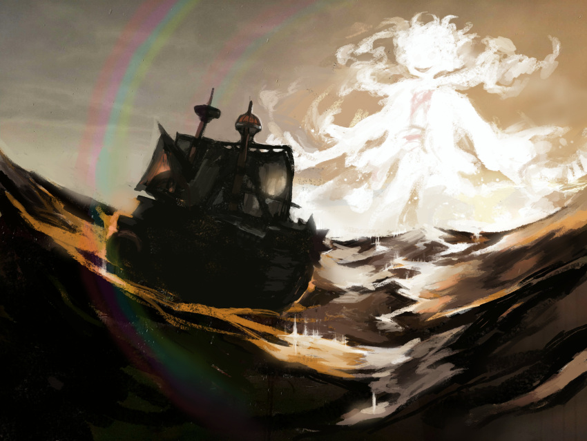 1boy absurdres cloud cloudy_sky gear_fifth giant glowing hagoromo highres monkey_d._luffy ocean one_piece outstretched_arms pirate_ship rainbow scar shawl ship sky smile snoozaga thousand_sunny watercraft