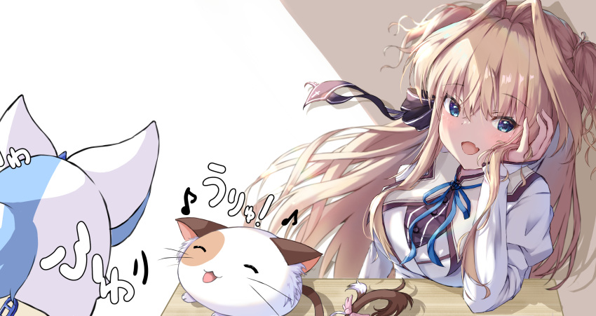 1girl black_ribbon blonde_hair blue_eyes blue_ribbon breasts cat dress fang hair_intakes hair_ribbon head_rest highres large_breasts long_hair long_sleeves looking_at_viewer mashiroiro_symphony musical_note open_mouth pan-nya ribbon sena_airi skin_fang solo table tatika714 two_side_up upper_body white_dress