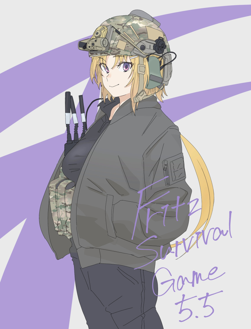 absurdres blonde_hair camouflage earmuffs ellen_aice hair_ornament hands_in_pockets helmet highres jacket low_ponytail military muv-luv muv-luv:_dimensions muv-luv_alternative muv-luv_unlimited:_the_day_after purple_eyes radio soutou_nagi