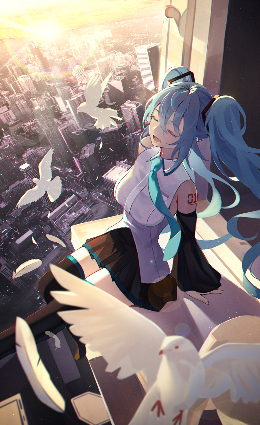 1girl absurdres aqua_hair aqua_necktie arm_support bare_shoulders bird blue_trim boots breasts cityscape closed_eyes collared_shirt commentary_request detached_sleeves dove feathers hair_between_eyes hair_ornament hatsune_miku highres horizon hyonee lens_flare long_hair medium_breasts necktie number_tattoo open_mouth open_window outdoors pleated_skirt shirt sitting skirt skyline sleeveless sleeveless_shirt solo sun sunlight sunset tattoo thigh_boots twintails vocaloid white_feathers window windowsill zettai_ryouiki