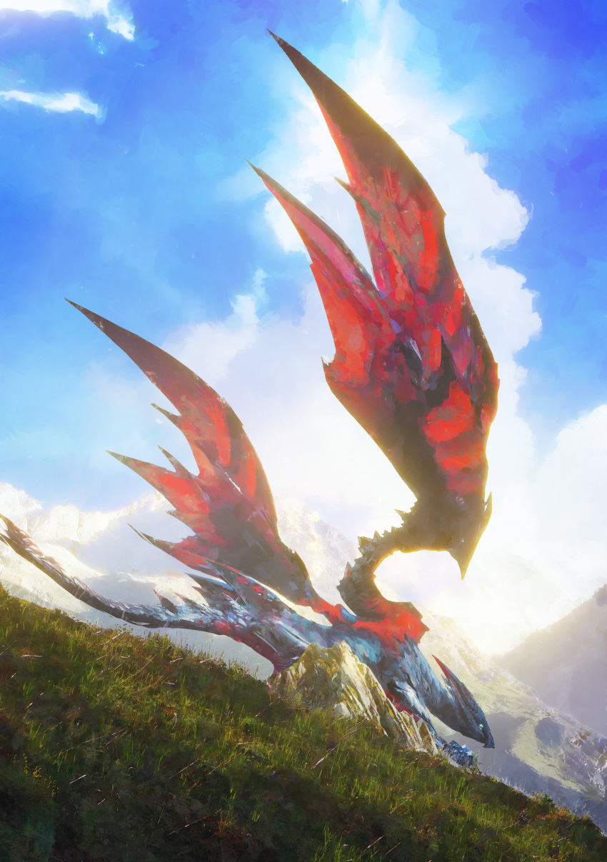 absurdres animal_focus backlighting bloom blue_eyes cloud cloudy_sky commentary_request dragon from_below from_side grass highres monster_hunter_(series) monster_hunter_xx mountain norino_(106592473) outdoors scenery sky solo standing sunlight valstrax