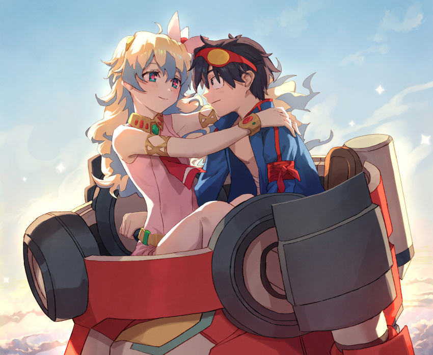 +_+ 1boy 1girl armlet ascot black_eyes black_hair blue_eyes blue_jacket blue_sky bracelet closed_mouth cloud commentary_request couple dress eye_contact goggles goggles_on_head gurren-lagann hetero highres jacket jewelry long_hair looking_at_another nia_teppelin open_clothes open_jacket pink_dress red_ascot short_hair simon_(ttgl) sky sleeveless sleeveless_dress smile tengen_toppa_gurren_lagann tesin_(7aehyun)