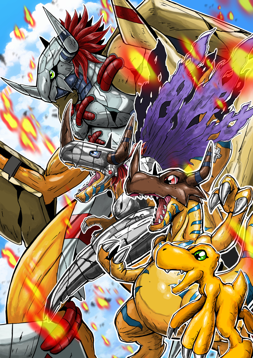 absurdres agumon armor blue_eyes claws digimon digimon_(creature) digimon_adventure_tri. evolutionary_line fire green_eyes greymon highres horns metalgreymon no_humans open_mouth outdoors red_eyes red_hair sawa_d wargreymon wings