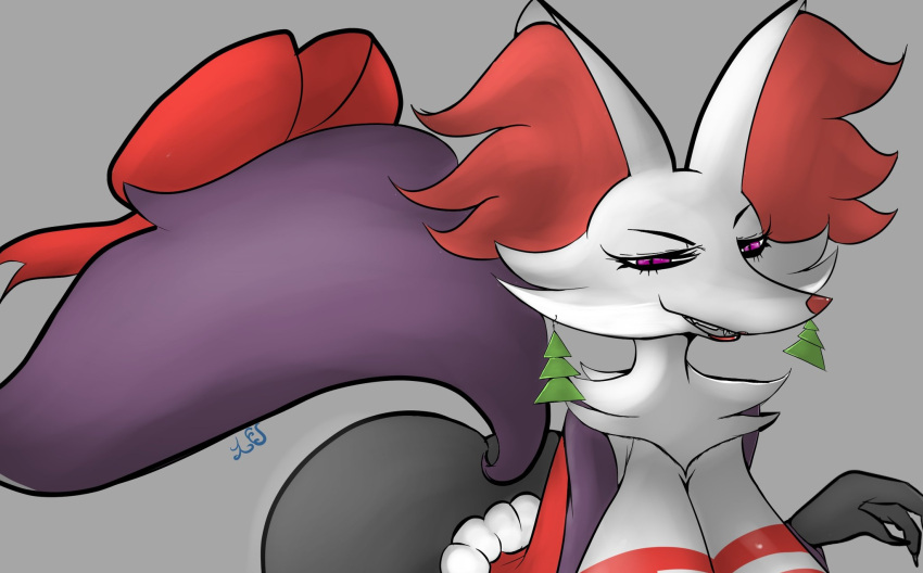 2023 anthro bedroom_eyes big_breasts breasts butt christmas christmas_clothing cleavage clothed clothing delphox ear_piercing ear_ring female fur generation_6_pokemon grey_body grey_fur grinning_at_viewer hi_res holidays inner_ear_fluff lipstick looking_at_viewer makeup narrowed_eyes neck_tuft nintendo not_furry piercing pokemon pokemon_(species) purple_eyes red_body red_fur red_lipstick renv ring_piercing seductive shiny_pokemon signature solo tuft