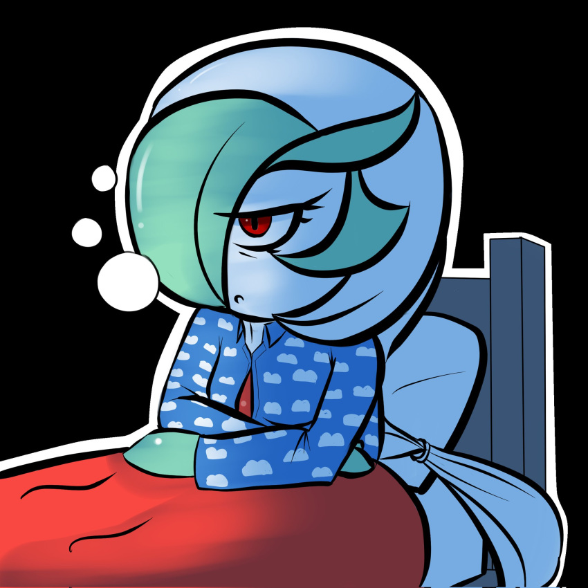 2023 annoyed_expression bed chibi clothing female furniture gardevoir generation_3_pokemon green_hair hair hair_over_eye hi_res humanoid long_hair multicolored_hair nintendo not_furry one_eye_obstructed pajamas pokemon pokemon_(species) red_eyes renv solo sticker_pack tired twintails_(hairstyle) two_tone_hair waking_up white_hair