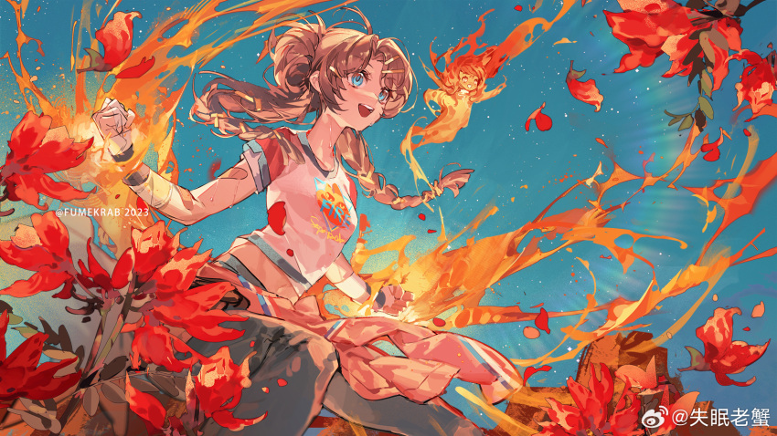 2023 2girls :d artist_name bandaged_arm bandaged_hand bandages black_wristband blue_background blue_eyes blue_pants braid brown_hair clenched_hands clothes_around_waist double_bun elemental_(creature) fire fire_elemental flaming_hand floating_hair flower hair_bun highres krab_(fumekrab) long_hair low_twin_braids midriff multiple_girls navel pants pyrokinesis red_flower reverse:1999 shirt short_sleeves smile spathodea_(reverse:1999) sweat t-shirt teeth twin_braids ulu_(reverse:1999) upper_teeth_only weibo_logo weibo_username white_shirt