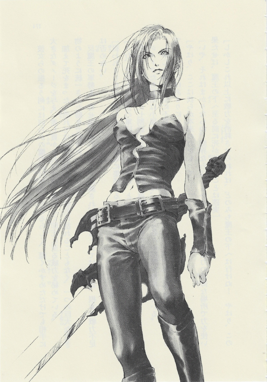 1girl absurdres alastor_(sword) bare_shoulders belt black_bustier black_choker black_footwear black_pants boots breasts bustier choker collar devil_may_cry_(series) devil_may_cry_2_(novel) eyes_visible_through_hair highres kosumi_yuuchi long_hair medium_breasts monochrome navel non-web_source official_art pants scan sword trish_(devil_may_cry) weapon