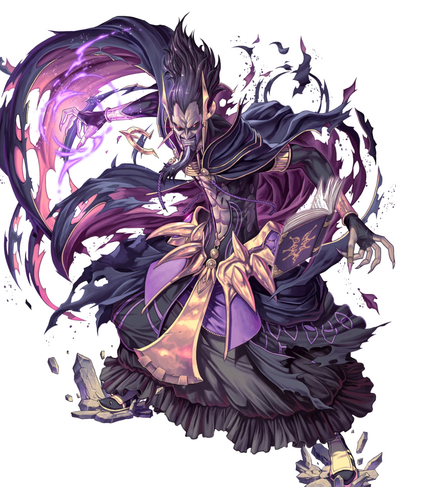 1boy abs beard black_bodysuit black_hair bodysuit cape clenched_teeth damaged dark-skinned_male dark_skin evil_smile facial_hair fire fire_emblem fire_emblem_awakening fire_emblem_heroes highres izuka_daisuke muscular muscular_male non-web_source official_art purple_cape purple_fire red_eyes smile solo teeth torn_bodysuit torn_cape torn_clothes validar_(fire_emblem)