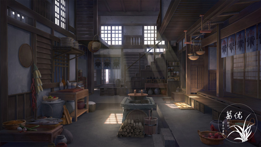 artist_logo basket butter_churn firewood food highres indoors no_humans original scenery shouji sliding_doors stairs sunlight table vegetable window xingzhi_lv