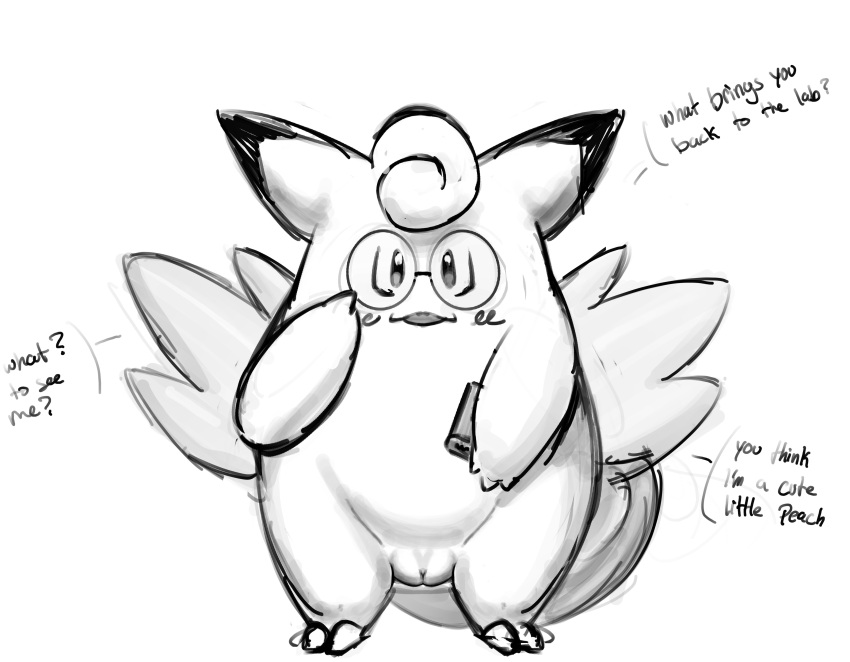 absurd_res chubby_female clefable curled_tail dialogue eyewear eyewear_only female generation_1_pokemon genitals glasses glasses_only hi_res j.a.d nerd nintendo nude pokemon pokemon_(species) pussy sketch slightly_chubby solo tail