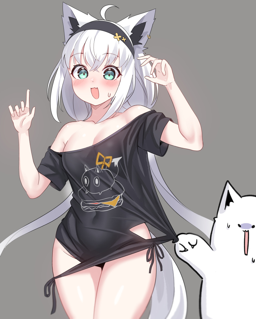 1girl :s absurdres ahoge animal_ear_piercing animal_ears aqua_eyes bare_shoulders black_shirt blush breasts character_print clothes_lift commentary cowboy_shot crossed_bangs double-parted_bangs embarrassed fang fox_ears fox_girl fox_tail fubuzilla_(shirakami_fubuki) grey_background grey_hair hair_between_eyes hands_up highres hip_vent hololive kumarang lifted_by_another long_hair looking_at_viewer loungewear low_twintails medium_breasts nervous_sweating no_bra no_pants off_shoulder official_alternate_costume official_alternate_hairstyle open_mouth print_shirt see-through see-through_shirt shirakami_fubuki shirakami_fubuki_(7th_costume) shirt shirt_lift simple_background skin_fang solo surprised sweat sweatdrop t-shirt tail twintails very_long_hair virtual_youtuber