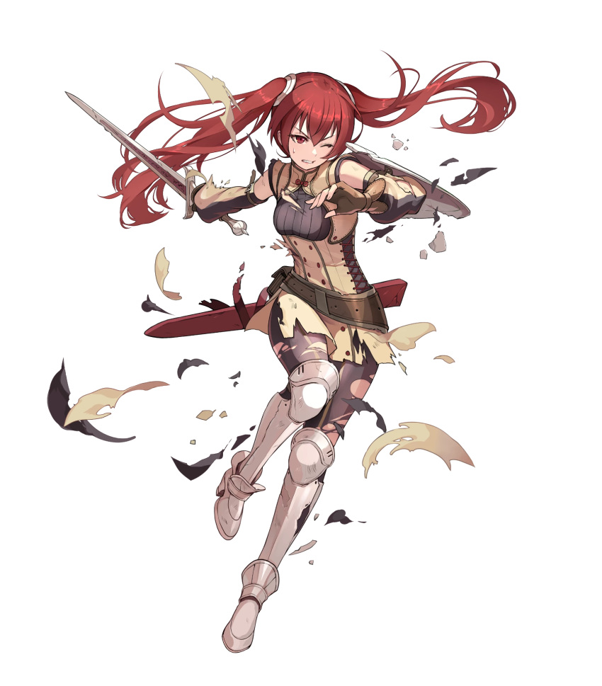 1girl arm_shield black_leggings breasts clenched_teeth damaged fire_emblem fire_emblem_awakening fire_emblem_heroes highres leggings long_hair medium_breasts non-web_source official_art one_eye_closed red_eyes red_hair severa_(fire_emblem) sheath solo sword teeth torn_clothes twintails weapon