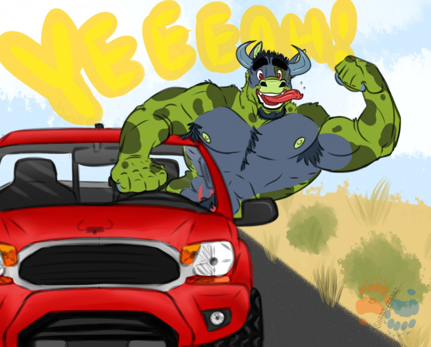abs anthro armpit_hair biceps body_hair bovid bovine cattle driving fur green_body green_fur hanging_out male mammal muscular nipples nude pecs reed_bull road solo truck_(vehicle) vehicle yamatopawa