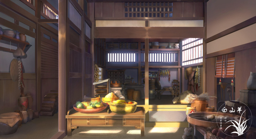 artist_logo bamboo_screen bowl firewood food fruit highres indoors no_humans original scenery table vegetable window xingzhi_lv