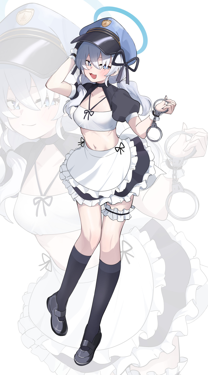 1girl absurdres apron black_footwear black_socks blue_archive blue_eyes blue_halo blue_headwear blush chain collarbone cuffs frilled_apron frills full_body grey_hair hair_between_eyes hair_over_eyes halo hat highres inapple kneehighs long_hair looking_at_viewer maid_apron multiple_views navel open_mouth police_hat puffy_short_sleeves puffy_sleeves shackles shoes short_sleeves simple_background smile socks valkyrie_police_academy_student_(blue_archive) waist_apron white_apron white_background zoom_layer