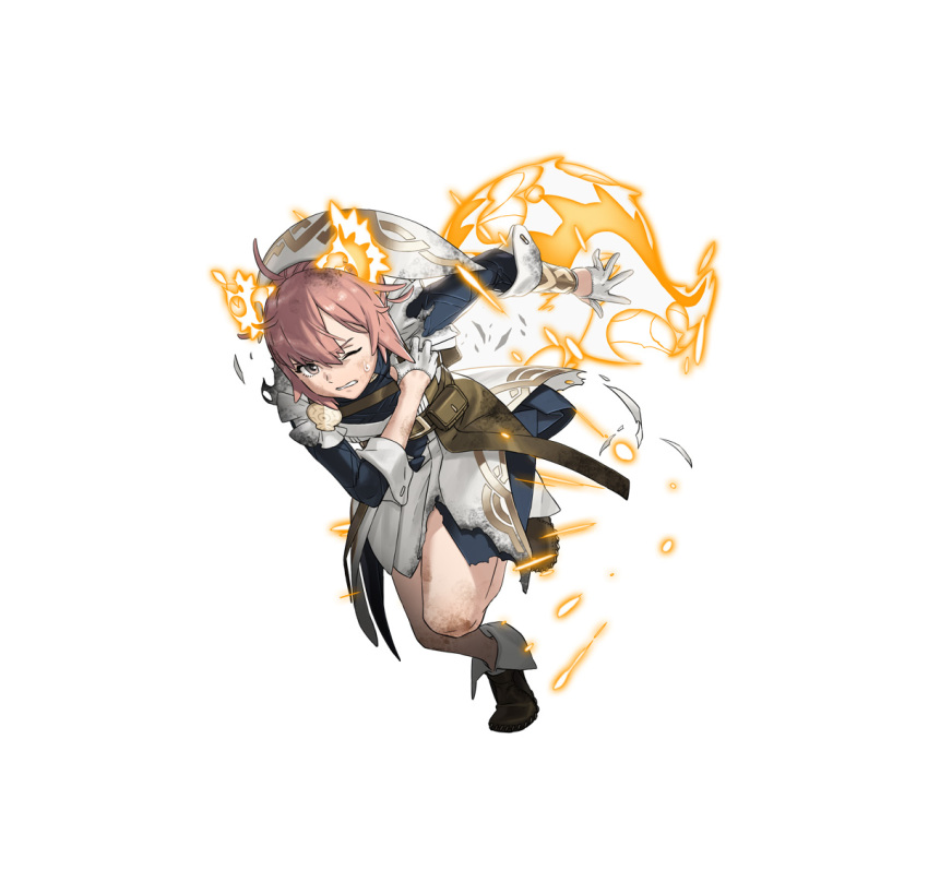 1girl animal_ears brown_footwear clenched_teeth damaged earrings fire_emblem fire_emblem_heroes glowing glowing_earrings glowing_tail jewelry one_eye_closed ratatoskr_(fire_emblem) solo squirrel_ears squirrel_girl squirrel_tail tail teeth torn_clothes white_background