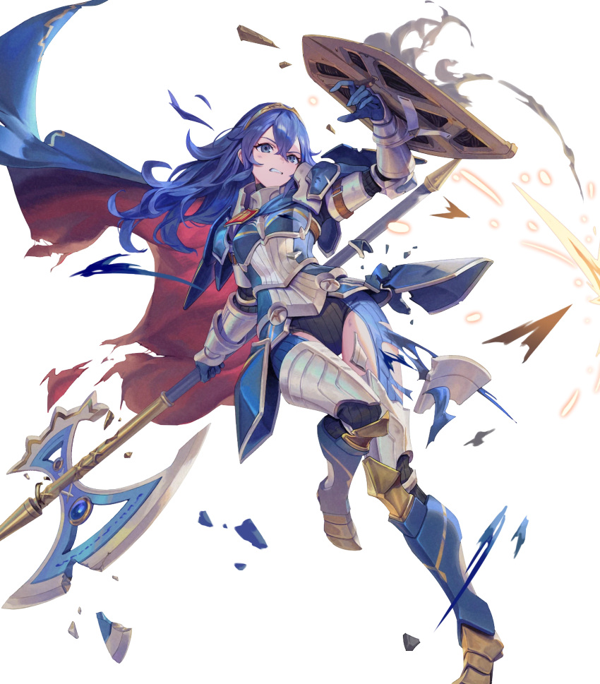 1girl armor axe black_leotard blue_cape blue_eyes blue_hair cape damaged family_crest fire_emblem fire_emblem_awakening fire_emblem_heroes highres holding holding_axe holding_shield leotard long_hair lucina_(fate's_resolve)_(fire_emblem) lucina_(fire_emblem) no_pants non-web_source official_alternate_costume official_art red_cape shield solo tiara torn_clothes