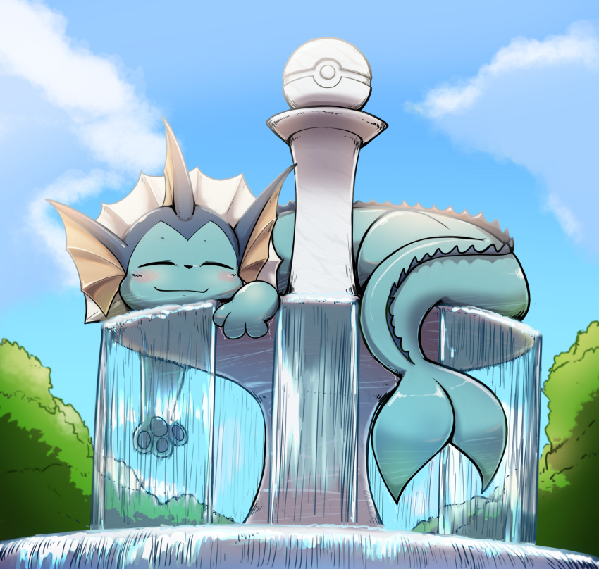 2023 3_fingers ambiguous_gender blue_body blush cloud eeveelution eyes_closed feral fingers generation_1_pokemon hi_res light_blush monotone_body nintendo otakuap outside pawpads plant pokeball pokemon pokemon_(species) sky smile solo tree vaporeon water water_fountain