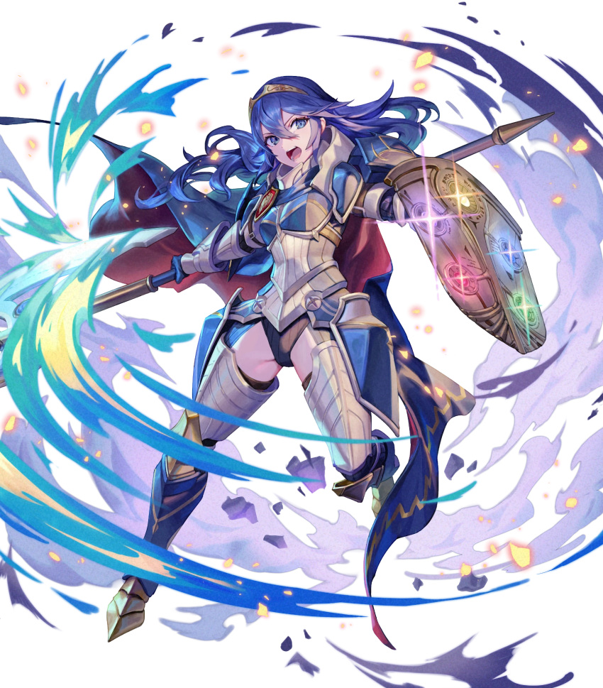 1girl armor attack axe black_leotard blue_cape blue_eyes blue_hair cape family_crest fire_emblem fire_emblem_awakening fire_emblem_heroes highres holding holding_axe holding_shield leotard long_hair lucina_(fate's_resolve)_(fire_emblem) lucina_(fire_emblem) no_pants non-web_source official_alternate_costume official_art open_mouth red_cape shield solo teeth tiara v-shaped_eyebrows