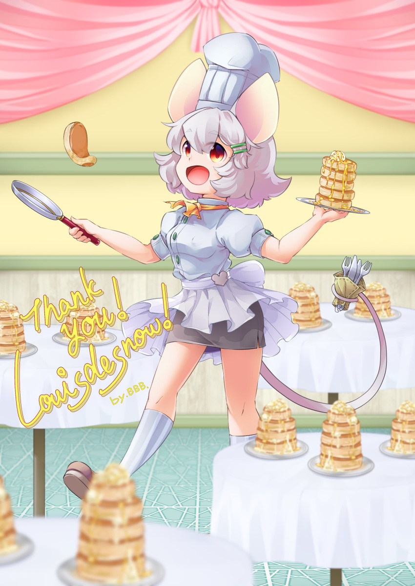 1girl absurdres alternate_costume animal_ears apron bbb_(33kudo) breasts brown_eyes brown_footwear chef chef_hat commission flipping_food food fork frying_pan full_body grey_hair grey_skirt hair_between_eyes hair_ornament hairclip hat highres holding holding_with_tail indoors knife looking_at_viewer medium_bangs mouse_ears mouse_girl mouse_tail nazrin open_mouth pancake pancake_stack pencil_skirt prehensile_tail second-party_source shirt shoes short_hair skirt small_breasts smile socks solo souffle_pancake standing tail thank_you touhou waist_apron white_apron white_headwear white_shirt white_socks