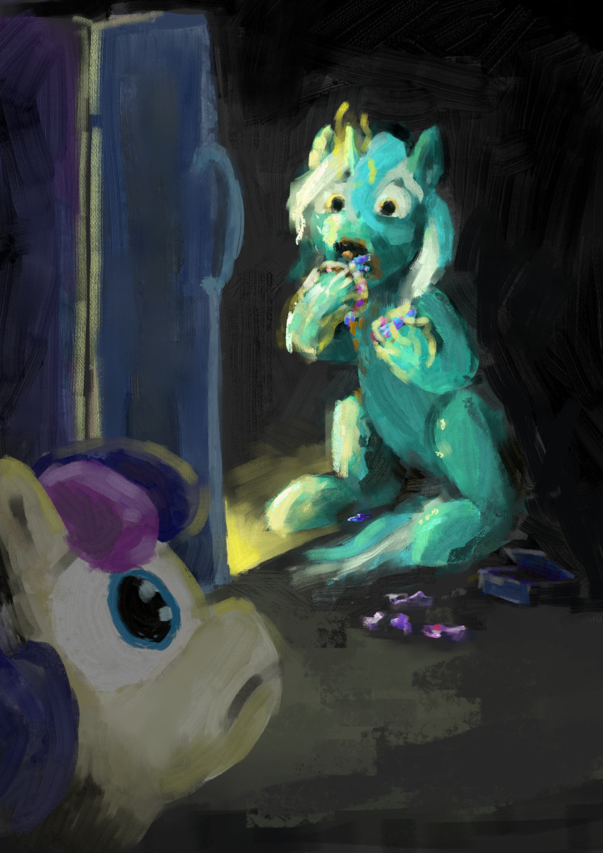 abstract_background appliance bonbon_(mlp) candy chocolate dessert duo earth_pony eating equid equine female feral food fridge friendship_is_magic hasbro hi_res horn horse inspired_by_formal_art kitchen_appliance looking_at_another lyra_heartstrings_(mlp) magic magic_hands mammal marker_(artist) my_little_pony pony saturn_devouring_his_son sitting unicorn