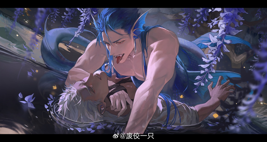 2boys absurdres archer_(fate) blue_hair collarbone cu_chulainn_(fate) dark-skinned_male dark_skin earrings fate/stay_night fate_(series) feijio_yizhi fins flower_request head_fins highres jewelry letterboxed lily_pad lying male_focus merman monster_boy multiple_boys on_back parted_lips pectorals petals petals_on_liquid red_eyes shirt tongue tongue_out topless_male veins veiny_hands weibo_logo wet wet_clothes wet_shirt white_hair yaoi