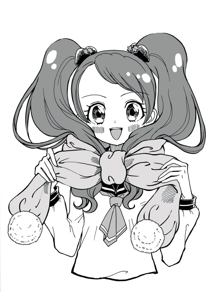 aji_fry blush commentary_request eyelashes food-themed_hair_ornament greyscale hair_ornament highres ichigozaka_middle_school_uniform kirakira_precure_a_la_mode long_hair looking_at_viewer magical_girl monochrome open_mouth pom_pom_(clothes) precure scarf school_uniform solo strawberry_hair_ornament twintails usami_ichika