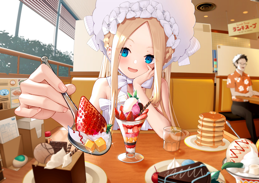 1boy 1girl abigail_williams_(fate) abigail_williams_(swimsuit_foreigner)_(fate) abigail_williams_(swimsuit_foreigner)_(third_ascension)_(fate) absurdres bare_shoulders bikini blonde_hair blue_eyes blurry blush bonnet bow breasts cake chocolate_cake depth_of_field fate/grand_order fate_(series) food forehead fruit hair_bow highres ice_cream long_hair looking_at_viewer open_mouth pancake parfait parted_bangs plate pov pov_across_table shiro_ami sidelocks small_breasts smile solo_focus spoon strawberry swimsuit table twintails very_long_hair white_bikini white_bow white_headwear window