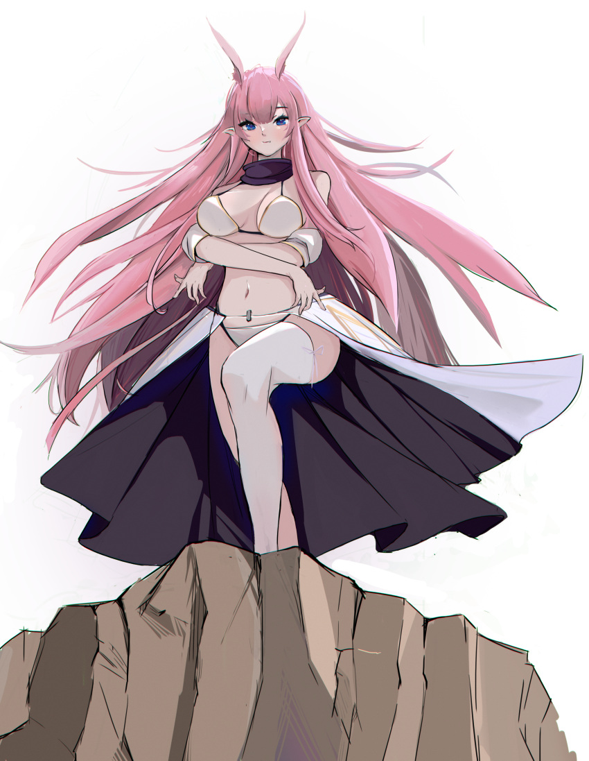 1girl absurdres animal_ears arms_under_breasts bikini breasts cape closed_mouth english_commentary fox_ears full_body highres honkai_(series) honkai_impact_3rd large_breasts long_hair looking_at_viewer navel pink_eyes pink_hair pointy_ears purple_eyes simple_background single_thighhigh solo sooner standing stomach string_bikini swimsuit thighhighs waist_cape white_background white_cape white_thighhighs yae_sakura