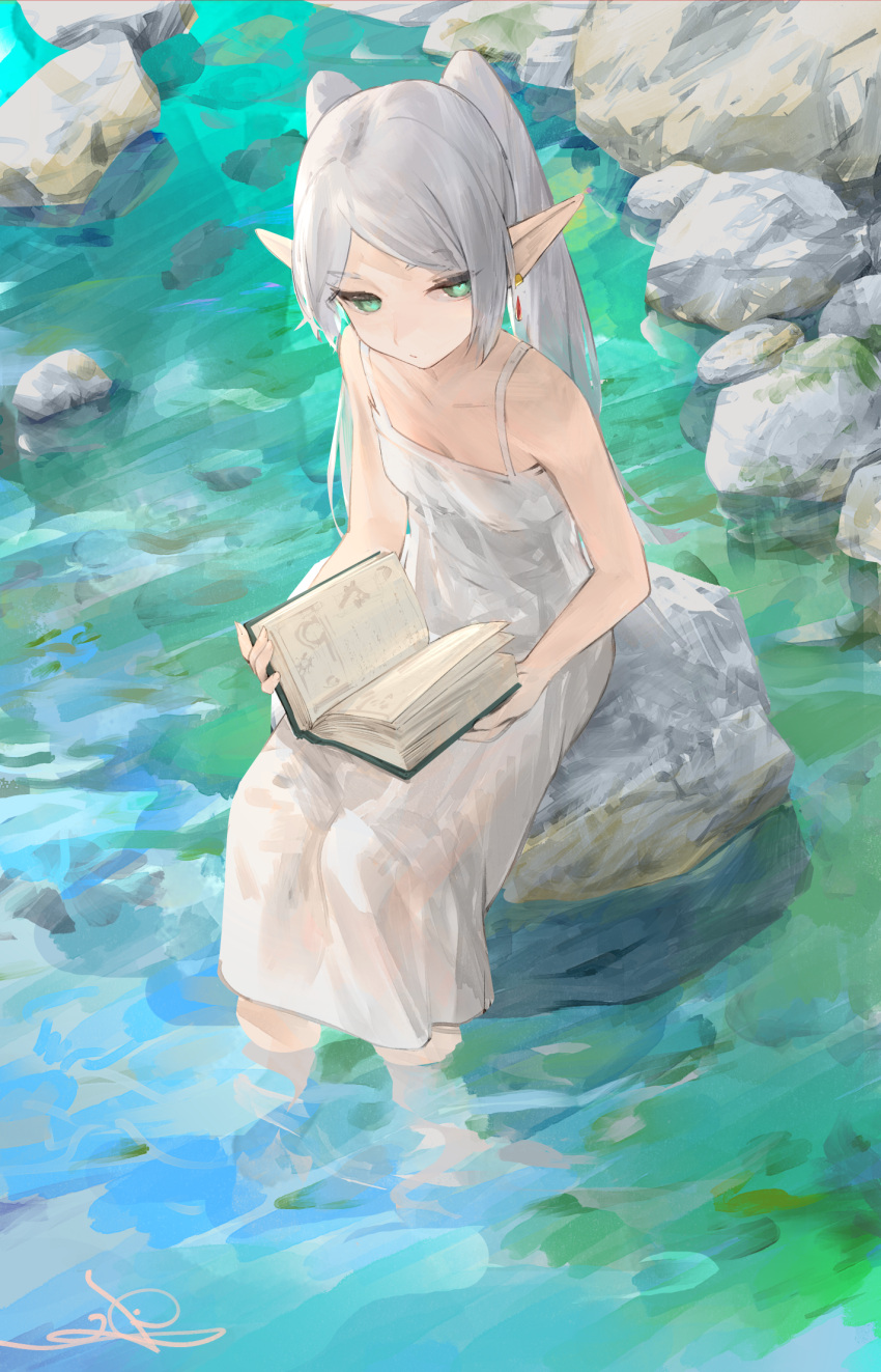 1girl book book_on_lap breasts closed_mouth dress earrings frieren green_hair grey_hair highres holding holding_book io_(io_oekaki) jewelry long_hair looking_at_viewer pointy_ears rock see-through signature sitting sitting_on_rock sleeveless sleeveless_dress small_breasts soaking_feet solo sousou_no_frieren twintails water wet wet_clothes wet_dress white_dress