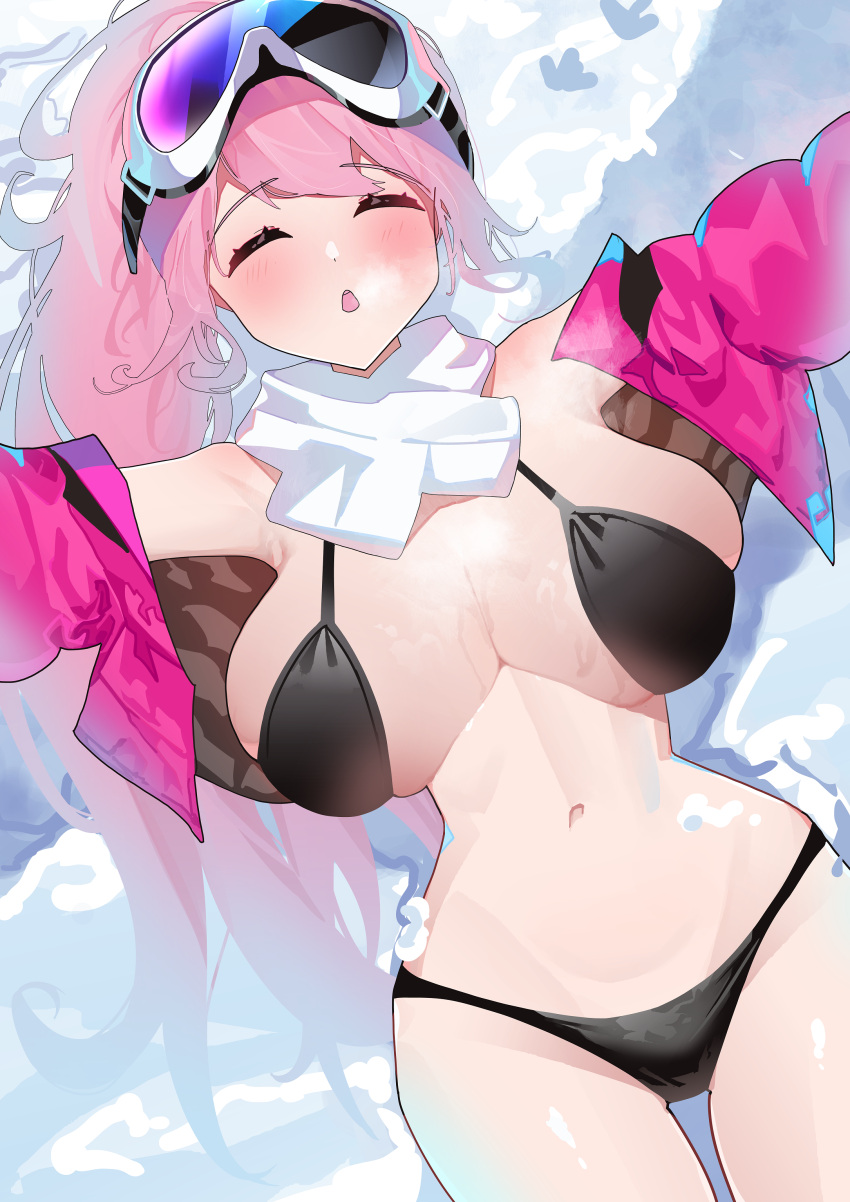 1girl absurdres armpits bikini black_bikini blue_archive blush breasts cowboy_shot eimi_(blue_archive) eimi_(swimsuit)_(blue_archive) goggles goggles_on_head highres its2h35 jacket large_breasts long_hair long_sleeves lying navel official_alternate_costume on_back open_clothes open_jacket open_mouth pink_hair pink_jacket ponytail scarf solo swimsuit very_long_hair white_scarf