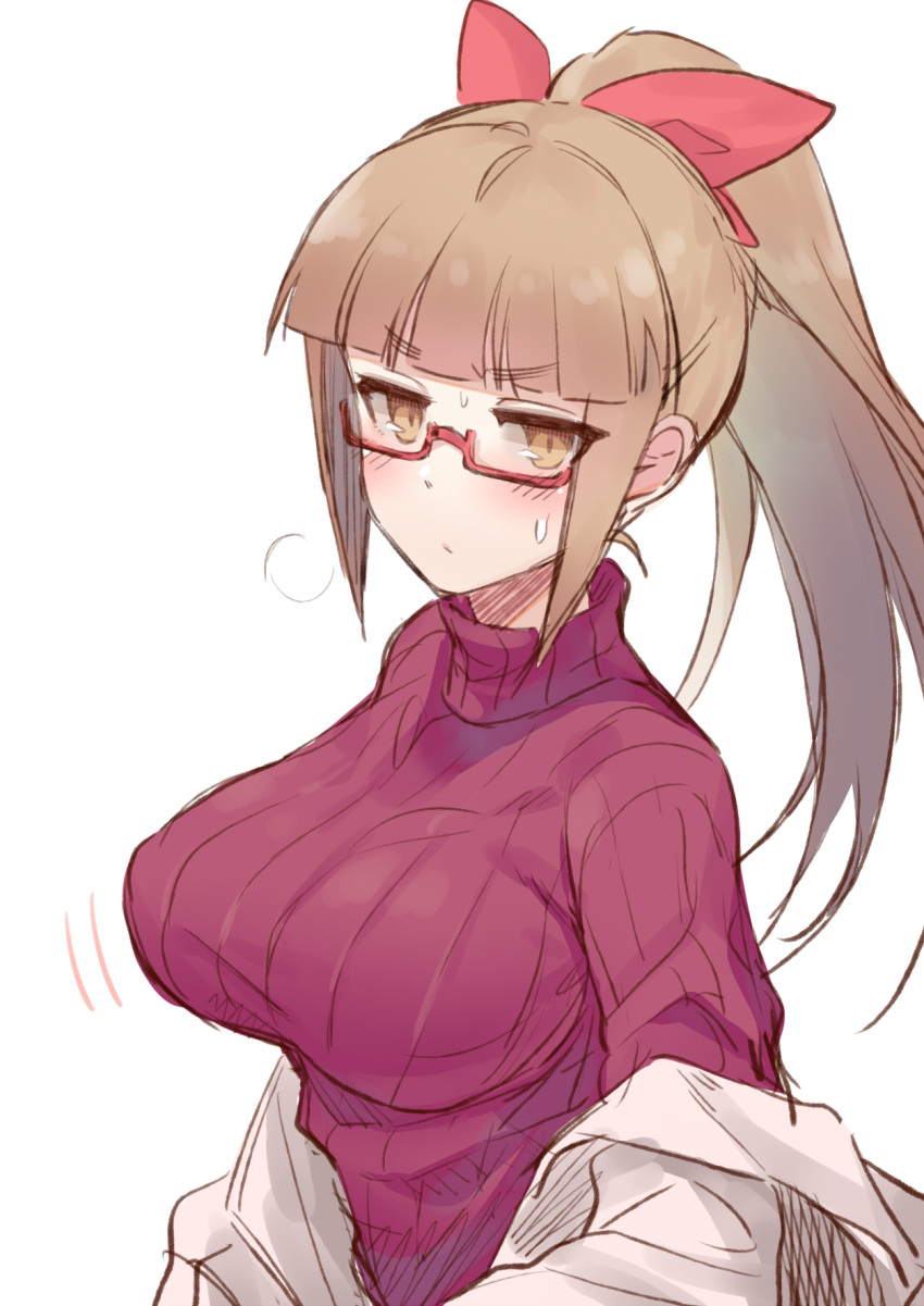 1girl aged_up blunt_bangs blush breasts glasses highres idolmaster idolmaster_cinderella_girls ikebukuro_akiha kiyu_rei large_breasts long_hair looking_at_viewer ponytail red-framed_eyewear red_sweater ribbed_sweater semi-rimless_eyewear sidelocks simple_background sketch solo sweat sweater under-rim_eyewear upper_body very_long_hair white_background