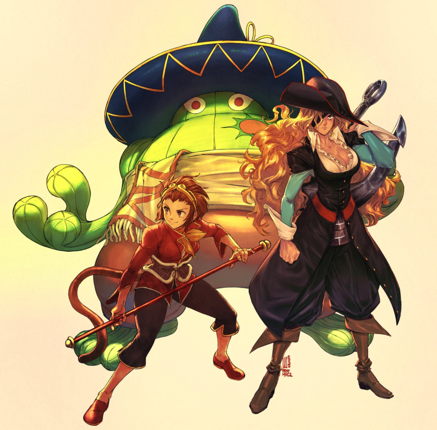 1other 2girls amingo anchor cactus capcom david_liu eyepatch hat highres holding holding_anchor holding_staff marvel_vs._capcom marvel_vs._capcom_2 monkey_girl monkey_tail multiple_girls pirate_hat ruby_heart sombrero sonson staff sun_wukong tail