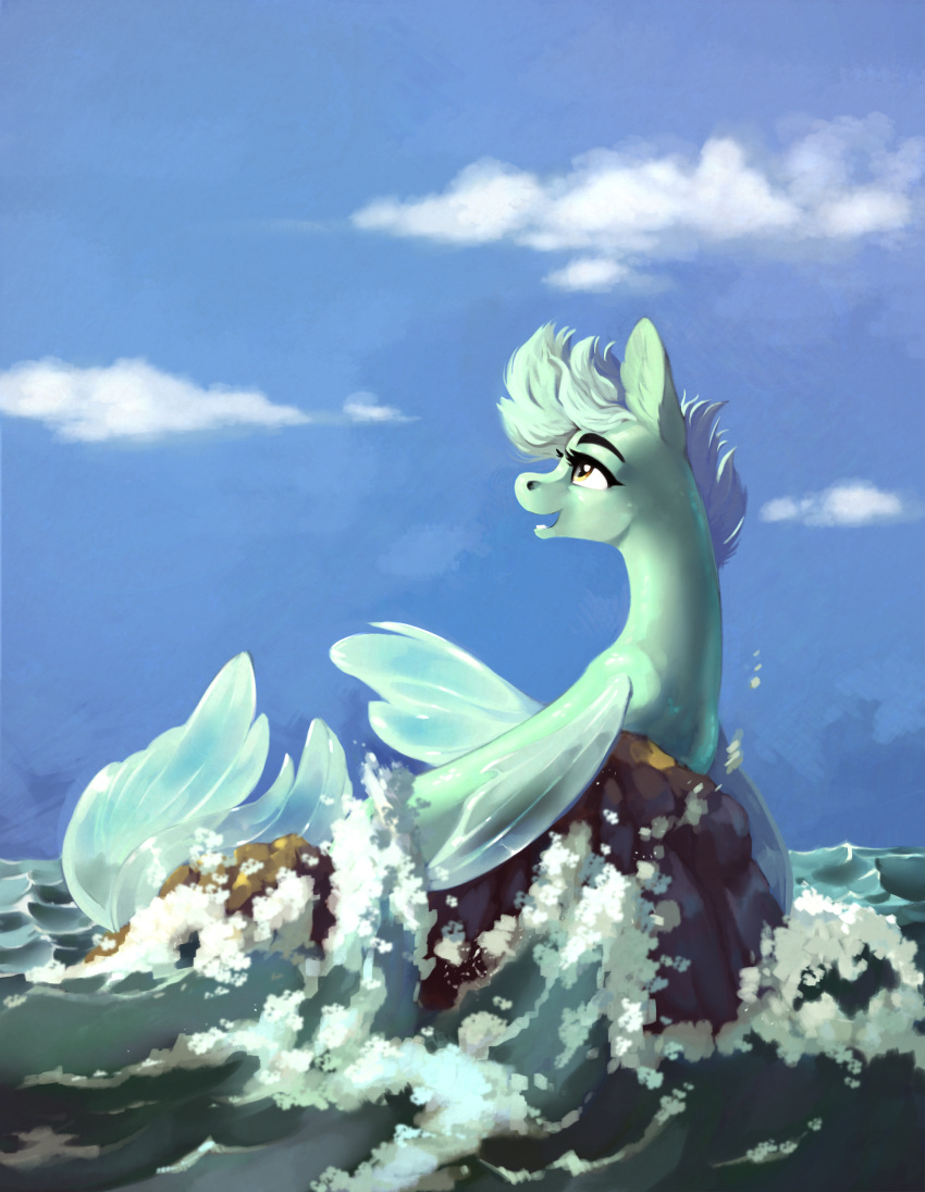 28gooddays absurd_res alternate_species amber_eyes blue_sky cloud fish friendship_is_magic green_body green_hair hair hasbro hi_res lyra_heartstrings_(mlp) marine my_little_pony rock sea seahorse sky syngnathid syngnathiform water wave