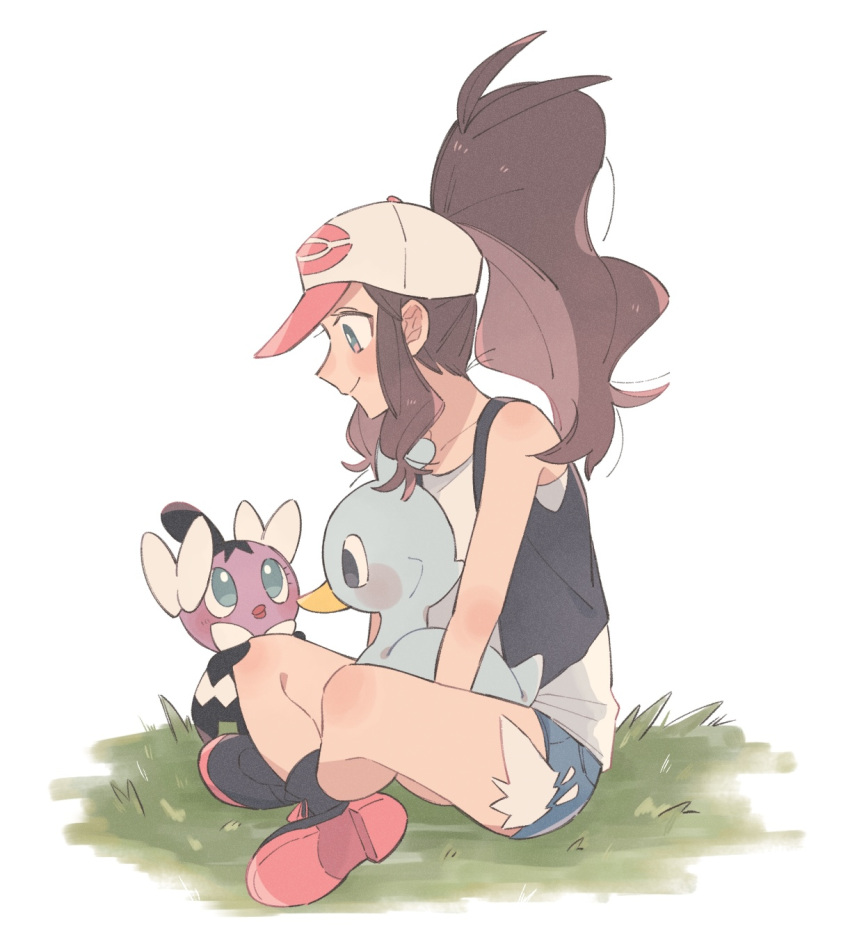 1girl baseball_cap black_vest boots brown_hair closed_mouth commentary_request ducklett gothita grass hat high_ponytail highres hilda_(pokemon) hime_(himetya105) long_hair looking_down open_clothes open_vest pokemon pokemon_(creature) pokemon_bw shirt short_shorts shorts sidelocks sitting sleeveless sleeveless_shirt smile vest white_background white_headwear white_shirt