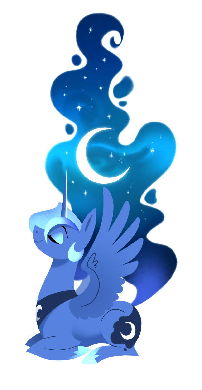 28gooddays absurd_res blue_body blue_eyeshadow blue_fur blue_hair blue_tail crescent_moon cutie_mark equid equine ethereal_hair eyes_closed eyeshadow female friendship_is_magic fur hair hasbro hi_res horn jewelry makeup mammal moon my_little_pony necklace princess_luna_(mlp) simple_background smile sparkles tail white_background winged_unicorn wings