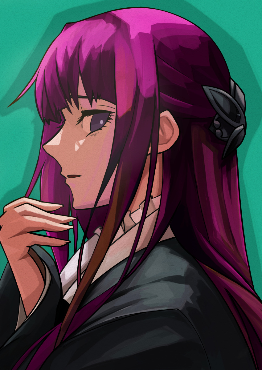 1girl absurdres black_robe blunt_bangs butterfly_hair_ornament echo-kilo fern_(sousou_no_frieren) from_side green_background hair_ornament highres long_hair looking_at_viewer looking_to_the_side purple_eyes purple_hair robe sidelocks simple_background solo sousou_no_frieren straight_hair