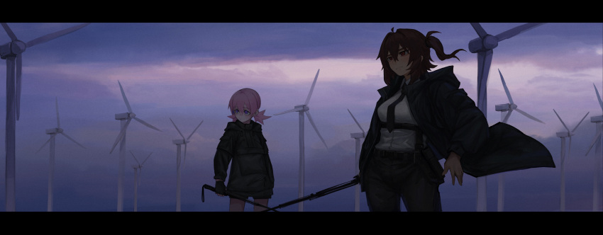 2girls absurdres belt black_jacket breasts closed_mouth cloud cloudy_sky hair_between_eyes highres holding holding_weapon jacket letterboxed long_sleeves multiple_girls necktie one_side_up original outdoors pants pink_hair purple_eyes red_eyes shirt short_hair short_shorts shorts sky toxic_ghost twintails weapon white_shirt wind_turbine