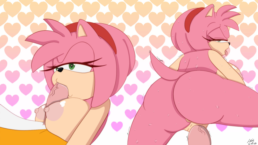 &lt;3 &lt;3_eyes 16:9 2023 amy_rose anthro anthro_on_anthro artist_name big_breasts big_butt big_penis bodily_fluids breasts butt canid canine digital_media_(artwork) duo erection eulipotyphlan fellatio female female_penetrated fox fur genital_fluids genitals gradient_background green_eyes hedgehog hi_res leylahshan looking_at_another looking_at_partner looking_back looking_pleasured male male/female male_penetrating male_penetrating_female mammal miles_prower nipples nude oral orange_body orange_fur penetration penile penis penis_between_breasts pink_body pink_fur pink_nipples pussy sega sex signature simple_background sonic_the_hedgehog_(series) sweat tongue tongue_out vaginal vaginal_penetration white_body white_fur widescreen