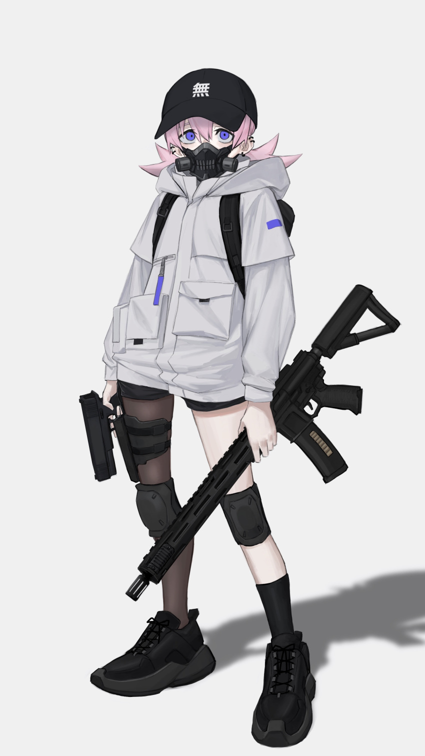 1girl absurdres ar-15 backpack bag baseball_cap black_footwear black_shorts black_socks brown_pantyhose dual_wielding ear_piercing full_body glock grey_background gun hair_between_eyes handgun hat highres holding holding_gun holding_weapon hood hood_down hooded_jacket jacket knee_pads long_sleeves looking_at_viewer mask mouth_mask original pantyhose piercing pink_hair purple_eyes rifle shadow shoes short_twintails shorts simple_background single_leg_pantyhose single_sock sneakers socks solo standing toxic_ghost twintails weapon