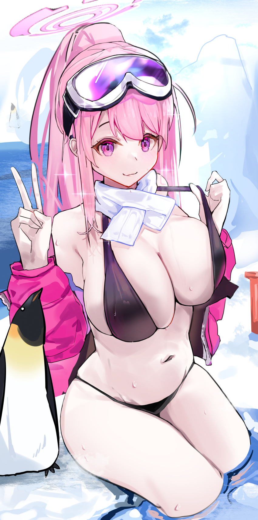 1girl absurdres animal bad_anatomy bad_hands bikini bird black_bikini blue_archive blush breasts cleavage closed_mouth eimi_(blue_archive) eimi_(swimsuit)_(blue_archive) eyewear_on_head feet_out_of_frame goggles goggles_on_head highres jacket large_breasts long_hair long_sleeves looking_at_viewer off_shoulder official_alternate_costume open_clothes open_jacket outdoors penguin pink_eyes pink_hair pink_jacket ponytail sitting smile soaking_feet solo string_bikini swimsuit thighs v wanghua