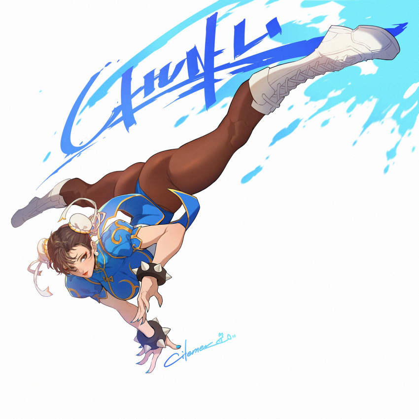 1girl artist_name ass boots bracelet breasts brown_eyes brown_hair brown_pantyhose bun_cover character_name china_dress chinese_clothes chun-li citemer closed_mouth commentary cross-laced_footwear double_bun dress earrings fingernails gold_trim hair_bun hair_ornament hair_over_one_eye handstand highleg highleg_leotard highres jewelry knee_boots lace-up_boots leotard leotard_under_clothes lips lipstick makeup medium_breasts nail_polish one_arm_handstand pantyhose puffy_short_sleeves puffy_sleeves short_sleeves signature simple_background skin_tight solo spiked_bracelet spikes spinning_bird_kick spread_legs street_fighter street_fighter_ii_(series)