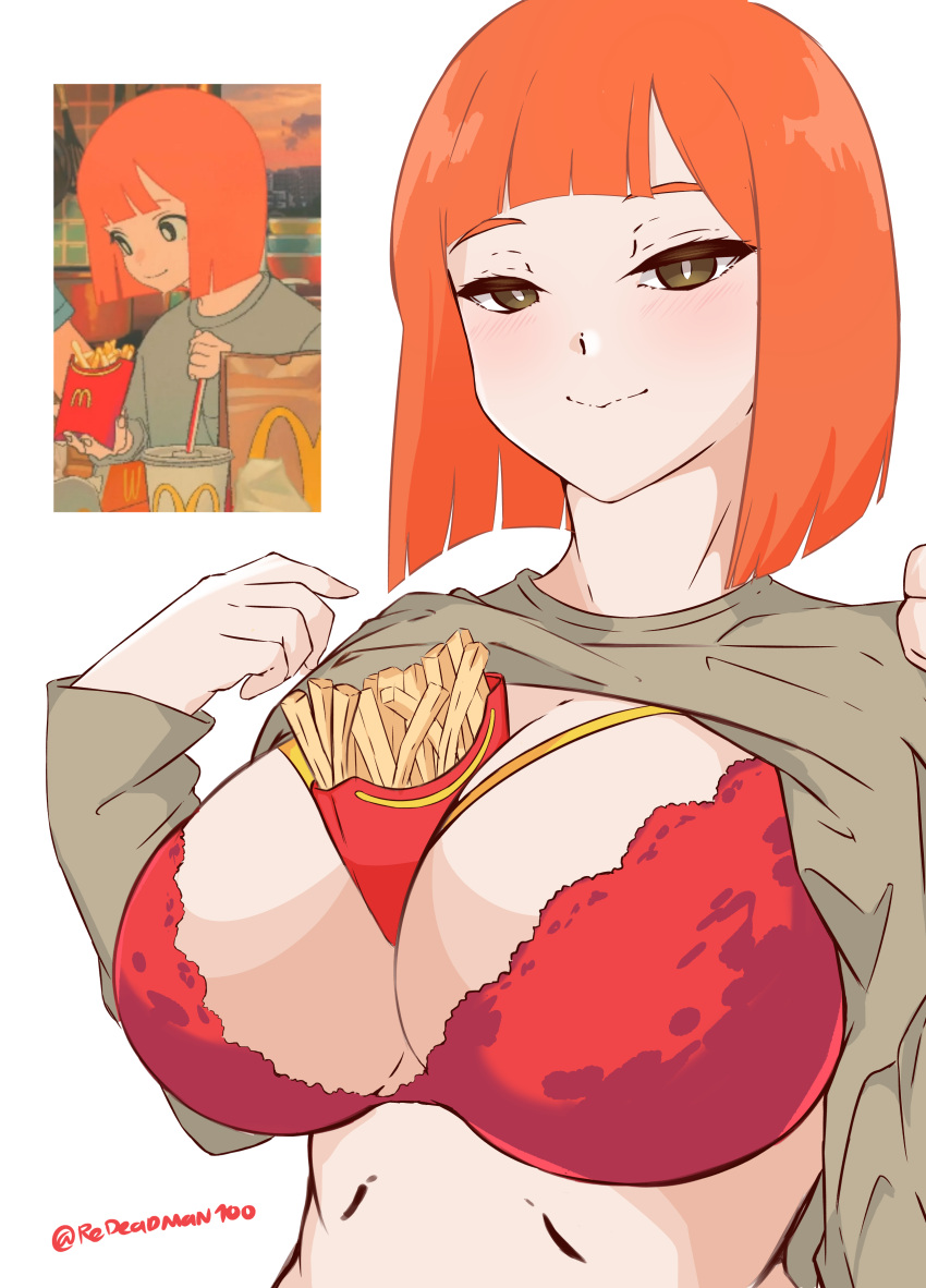 1girl absurdres alternate_breast_size blunt_bangs bob_cut bra breasts bright_pupils brown_eyes brown_sweater closed_mouth clothes_lift food food_between_breasts french_fries half-closed_eyes highres huge_breasts looking_at_viewer mcdonald's mother_(yoru_mac) orange_hair red_bra redeadman100 reference_inset short_hair smile solo sweater sweater_lift twitter_username underwear upper_body white_background white_pupils yoru_mac
