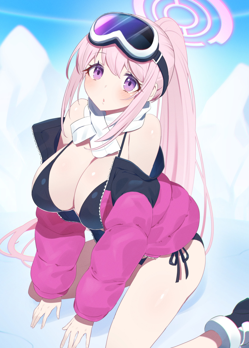 1girl bikini black_bikini black_footwear blue_archive blush breasts cleavage eimi_(blue_archive) eimi_(swimsuit)_(blue_archive) goggles goggles_on_head halo highres jacket large_breasts long_hair long_sleeves looking_at_viewer matsumoto_tomoyohi official_alternate_costume parted_lips pink_eyes pink_hair pink_halo pink_jacket ponytail scarf shoes sitting solo swimsuit very_long_hair wariza white_scarf